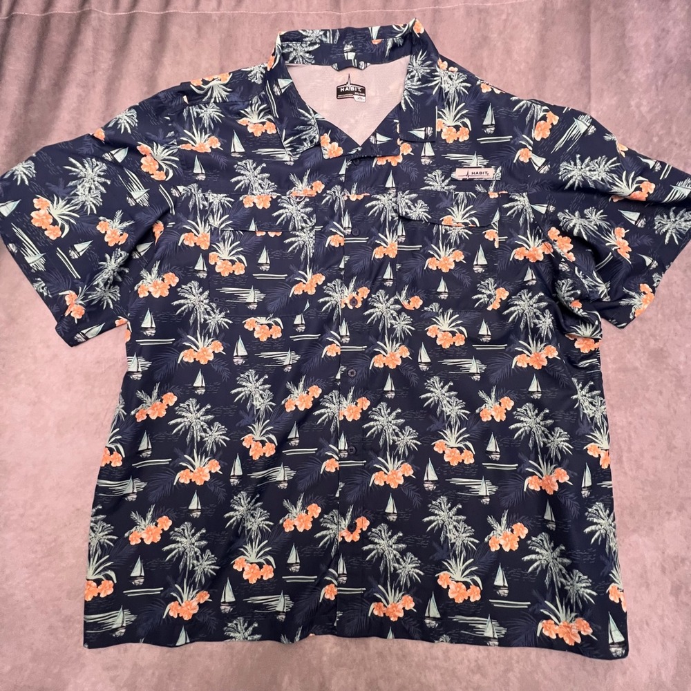 Habit Fishing Shirt Mens 3XL Navy Blue Excellent Tropical Palm Sailboat UPF 50+